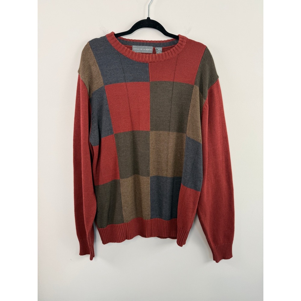 Oscar de la Renta Sweater Red XL Colorblock Patchwork Cotton Blend Crewneck
